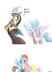 Size: 1901x2594 | Tagged: safe, artist:mlpanon, discord, fluttershy, princess celestia, rainbow dash, alicorn, pegasus, pony, accessory swap, angry, crossdressing, cute, dialogue, female, flutterdash, funny, glowing eyes, hug, lesbian, makeup, prank, regalia, shipping, simple background, this will end in tears and/or a journey to the moon, white background