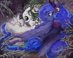 Size: 990x792 | Tagged: safe, artist:hinoraito, princess luna, oc, oc:jack hyperfreak, alicorn, pony, zebra, jackuna