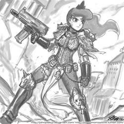 Size: 1000x1000 | Tagged: safe, artist:johnjoseco, princess luna, human, adepta sororitas, armor, bolter, crossover, grayscale, humanized, monochrome, power armor, solo, warhammer (game), warhammer 40k, warrior luna, weapon