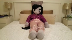 Size: 5312x2988 | Tagged: safe, artist:bigsexyplush, artist:somethingaboutoctavia, octavia melody, anthro, unguligrade anthro, anthro plushie, bed, bedroom eyes, clothes, doll, dress, gown, irl, lying, on back, pajamas, photo, plushie, thunder thighs, toy, wide hips