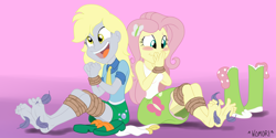 Size: 5438x2727 | Tagged: safe, anonymous artist, artist:chaoskomori, derpy hooves, fluttershy, equestria girls, absurd resolution, barefoot, blushing, bondage, boots, clothes, colored, duo, duo female, feather, feet, female, fetish, foot fetish, gradient background, high heel boots, necktie, rope, rope bondage, shoes, skirt, socks, soles, tickle torture, tickling, tied up