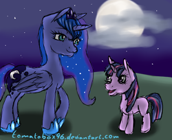 Size: 500x407 | Tagged: safe, artist:tomatobox96, princess luna, twilight sparkle, alicorn, pony, unicorn, 30 minute art challenge, crown, female, horn, jewelry, mare, regalia, wings