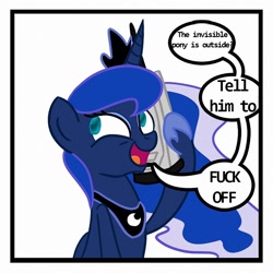 Size: 800x800 | Tagged: safe, princess luna, alicorn, pony, crown, dialogue, exploitable meme, female, hoof hold, horn, jewelry, looking up, luna phone meme, mare, meme, open mouth, phone, purple coat, regalia, simple background, smiling, solo, speech bubble, two toned mane, white background, wings