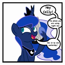 Size: 800x800 | Tagged: safe, princess luna, alicorn, pony, crown, dialogue, exploitable meme, female, hoof hold, horn, jewelry, looking up, luna phone meme, mare, meme, open mouth, phone, purple coat, regalia, simple background, smiling, solo, speech bubble, this will end in tears and/or a journey to the moon, two toned mane, vulgar, white background, wings