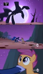 Size: 624x1069 | Tagged: safe, princess luna, scootaloo, the headless horse (character), alicorn, headless horse, pony, sleepless in ponyville, comic, headless, hub logo, tv rating