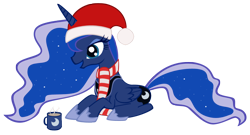 Size: 1000x540 | Tagged: safe, artist:whitesylver, princess luna, alicorn, pony, cup, hat, prone, santa hat, simple background, solo