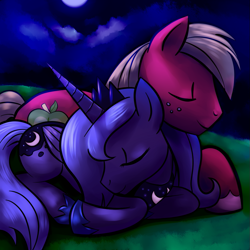 Size: 945x945 | Tagged: safe, artist:explosivegent, artist:megasweet, big macintosh, princess luna, alicorn, earth pony, pony, cuddling, female, lunamac, male, mare, s1 luna, shipping, stallion, straight