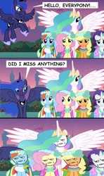 Size: 568x960 | Tagged: safe, edit, edited screencap, screencap, applejack, fluttershy, princess celestia, princess luna, rainbow dash, rarity, alicorn, earth pony, pegasus, pony, unicorn, a canterlot wedding, are you fucking kidding me, bridesmaid dress, clothes, comic, dress, flying, luna is friggen useless, meme, open mouth, rage face, screencap comic, smiling, spread wings