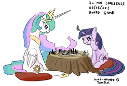 Size: 1280x865 | Tagged: safe, artist:king-kakapo, princess celestia, twilight sparkle, alicorn, pony, 30 minute art challenge, chess, scrunchy face