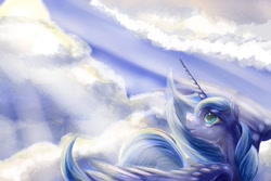 Size: 990x660 | Tagged: safe, artist:viwrastupr, princess luna, alicorn, pony, cloud, cloudy, crepuscular rays, s1 luna, sky, solo