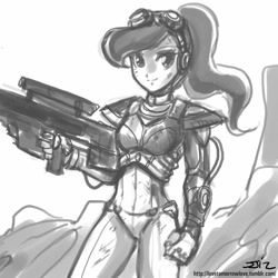 Size: 850x850 | Tagged: safe, artist:johnjoseco, princess luna, ghost, human, c-10 canister rifle, crossover, grayscale, gun, humanized, monochrome, no trigger discipline, rifle, solo, starcraft, weapon