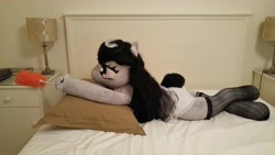 Size: 5312x2988 | Tagged: safe, artist:bigsexyplush, artist:somethingaboutoctavia, octavia melody, anthro, absurd resolution, anthro plushie, bed, bedroom, bedroom eyes, clothes, costume, crossed legs, doll, duster, irl, lying, lying down, maid, octamaid, outfit, panties, photo, pillow, plot, plushie, socks, socktavia, solo, stockings, tail bun, thigh highs, thunder thighs, toy, underwear, white underwear, wide hips