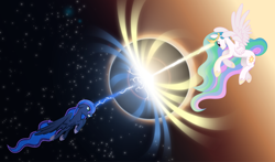 Size: 6062x3569 | Tagged: safe, artist:tim015, princess celestia, princess luna, alicorn, pony, fight, laser, magic, magic blast