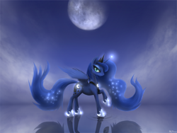 Size: 3000x2250 | Tagged: safe, artist:mlpanon, princess luna, alicorn, pony, moon, raised hoof, reflection, ripple, shiny, solo