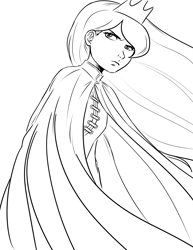 Size: 2975x3850 | Tagged: safe, artist:megasweet, princess luna, cape, clothes, humanized, lineart, monochrome, solo