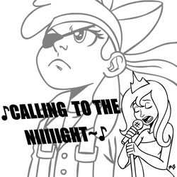 Size: 945x945 | Tagged: safe, artist:megasweet, apple bloom, princess luna, crossover, humanized, metal gear, monochrome, s1 luna, singing