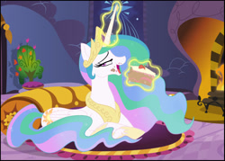 Size: 2021x1443 | Tagged: safe, artist:icelion87, princess celestia, alicorn, pony, cake, cakelestia, eating, food, magic, messy eating, pretty, solo