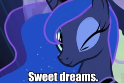 Size: 640x429 | Tagged: safe, princess luna, alicorn, pony, sleepless in ponyville, bronybait, cute, daaaaaaaaaaaw, dream walker luna, good end, happy, image macro, lunabetes, meme, smiling, solo, sweet dreams fuel, wink