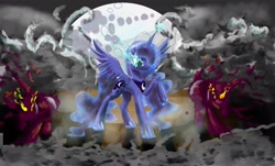 Size: 2437x1475 | Tagged: safe, artist:owlvortex, princess luna, alicorn, pony, female, fight, glowing eyes, horn, mare