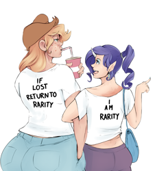 Size: 1753x1941 | Tagged: safe, artist:sundown, applejack, rarity, human, alternate hairstyle, applebucking thighs, applebutt, ass, clothes, drink, earring, elf ears, female, freckles, horned humanization, humanized, jacqueline applebuck, juliette d'rarie, large butt, lesbian, midriff, ponytail, purse, rarijack, scar, shipping, shirt, the ass was fat