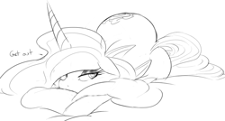 Size: 1224x658 | Tagged: safe, artist:zev, princess celestia, alicorn, pony, bedroom eyes, eyes closed, get out, grayscale, looking at you, monochrome, on side, plot, solo, the ass was fat, unamused