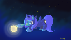 Size: 1366x768 | Tagged: safe, artist:popoming, princess luna, alicorn, pony, filly, moon, poking, solo, space, tangible heavenly object