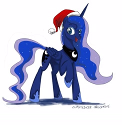 Size: 2079x2129 | Tagged: dead source, safe, artist:kulturschock, princess luna, alicorn, pony, happy, hat, raised hoof, santa hat, solo