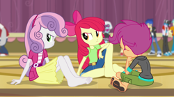 Size: 1280x714 | Tagged: safe, edit, edited screencap, screencap, apple bloom, brawly beats, flash sentry, photo finish, ringo, rover, scootaloo, snails, sweetie belle, equestria girls, rainbow rocks, apple bloom's bow, barefoot, bow, cutie mark crusaders, dirty, feet, fetish, foot fetish, hair bow