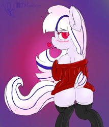 Size: 979x1146 | Tagged: safe, artist:magical disaster, oc, oc only, oc:fabulous jin, clothes, female, plot, presenting, solo, stockings, sweater, the ass was fat, wide hips