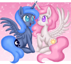 Size: 900x802 | Tagged: safe, artist:mel-rosey, princess celestia, princess luna, alicorn, pony, pink-mane celestia, s1 luna, woona, younger