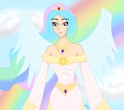 Size: 730x652 | Tagged: safe, artist:xorose, princess celestia, humanized, rainbow, solo, winged humanization