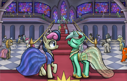 Size: 1944x1238 | Tagged: safe, artist:paper-pony, bon bon, lyra heartstrings, princess celestia, sweetie drops, oc, alicorn, earth pony, pegasus, pony, unicorn, blank flank, carpet, clothes, crown, cutie mark, dress, duo focus, eyes closed, flower, flower in hair, gala dress, glass, grand galloping gala, hat, jewelry, lidded eyes, looking at each other, looking back, looking up, necklace, open mouth, raised hoof, red carpet, regalia, see-through, see-through skirt, smiling, stairs, tiara, top hat, unamused, waving