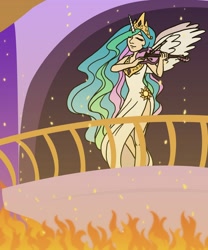 Size: 3000x3600 | Tagged: safe, artist:rebeccamorton, princess celestia, human, female, fire, great fire of canterlot, humanized, nero, reference, solo, tripled, tyrant celestia, violin, while rome burns