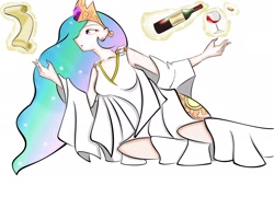 Size: 2332x1677 | Tagged: safe, artist:blossomxdexter4eva, princess celestia, glass, humanized, levitation, magic, scroll, simple background, solo, wine