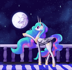 Size: 2436x2350 | Tagged: safe, artist:dalagar, princess celestia, alicorn, pony, crying, female, mare, moon, night, sad, solo, stars