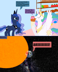 Size: 1600x2005 | Tagged: safe, artist:hakar-kerarmor, princess celestia, princess luna, alicorn, pony, and that's how equestria was unmade, cake, cakelestia, red giant, sun, ye olde butcherede englishe