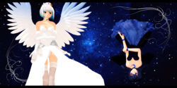 Size: 4000x2000 | Tagged: safe, artist:rikokun, princess celestia, princess luna, humanized, mmd