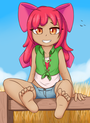 Size: 2200x3000 | Tagged: safe, artist:fearingfun, apple bloom, human, barefoot, clothes, feet, female, fence, fetish, foot fetish, foot focus, humanized, looking at you, moderate dark skin, shorts, sitting, sitting on fence, smiling, solo, young