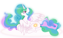 Size: 885x539 | Tagged: safe, artist:xxthatsmytypexx, princess celestia, alicorn, pony, female, horn, mare, missing accessory, multicolored mane, multicolored tail, solo, white coat, white wings, wings