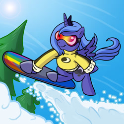 Size: 900x900 | Tagged: safe, artist:madmax, princess luna, alicorn, pony, bipedal, clothes, goggles, s1 luna, snow, snowboard, snowboarding, solo