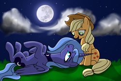 Size: 3000x2000 | Tagged: safe, artist:bri-sta, artist:rex42, applejack, princess luna, alicorn, earth pony, pony, grass, moon, night, s1 luna