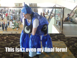 Size: 1306x980 | Tagged: safe, princess luna, human, avatar the last airbender, cosplay, image macro, irl, irl human, photo, the encumbered, this isn't even my final form, toph bei fong
