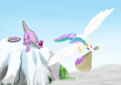 Size: 1000x700 | Tagged: safe, artist:lemurkatta, princess celestia, spike, alicorn, dragon, pony, dragoness, egg, flying, mountain, nest, origins, stealing