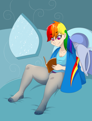 Size: 1024x1342 | Tagged: safe, artist:megablack0x, rainbow dash, human, bed, book, clothes, feet, humanized, nail polish, pantyhose, reading, solo, thunder thighs