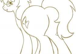 Size: 1280x914 | Tagged: safe, artist:bigponiesinc, oc, oc only, earth pony, pony, bedroom eyes, female, large butt, lineart, looking at you, looking back, looking back at you, monochrome, plot, rear view, sketch, smiling, solo, the ass was fat