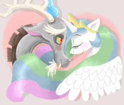 Size: 708x600 | Tagged: safe, artist:artizluv, discord, princess celestia, alicorn, pony, blushing, dislestia, eyes closed, female, heart, jewelry, male, regalia, shipping, smiling, straight