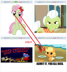 Size: 529x564 | Tagged: safe, applejack, florina tart, granny smith, princess luna, alicorn, earth pony, pony, apple family reunion, background pony, exploitable meme, juxtaposition, juxtaposition win