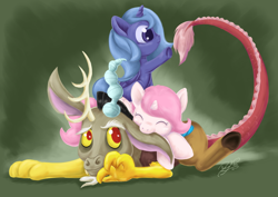 Size: 1052x744 | Tagged: safe, artist:dawnallies, discord, princess celestia, princess luna, alicorn, pony, cewestia, cute, cutelestia, discute, ear bite, filly, lunabetes, woona, younger