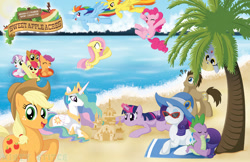 Size: 1600x1035 | Tagged: safe, artist:mintystitch, apple bloom, applejack, babs seed, derpy hooves, doctor whooves, fluttershy, pinkie pie, princess celestia, rainbow dash, rarity, scootaloo, spike, spitfire, sweetie belle, twilight sparkle, twilight sparkle (alicorn), alicorn, dragon, earth pony, pegasus, pony, unicorn, beach, beach towel, cutie mark crusaders, female, floaty, hat, mane seven, mane six, mare, ocean, palm tree, sandcastle, sunglasses, tree, wet mane