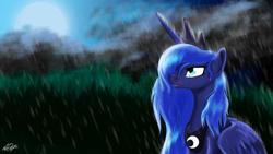 Size: 1024x576 | Tagged: safe, artist:playfulpossum, princess luna, alicorn, pony, rain, solo, wet mane